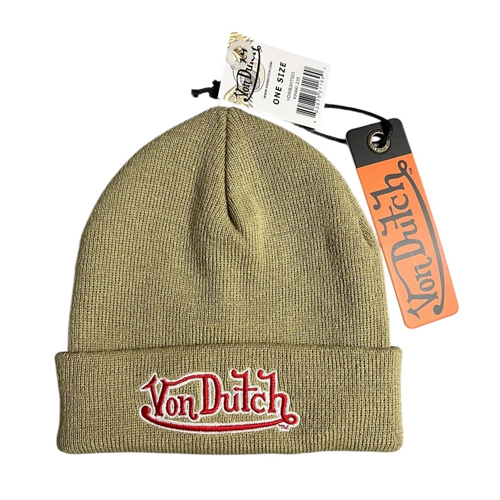 NWT Von Dutch Unisex Khaki Beanie with Red Logo- One Size